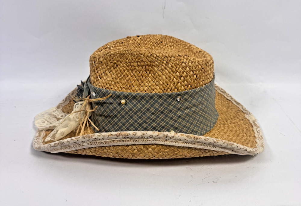 Vintage Sonni San Fransisco Straw Flower Cowboy Hat Lace Trim Accent Beads